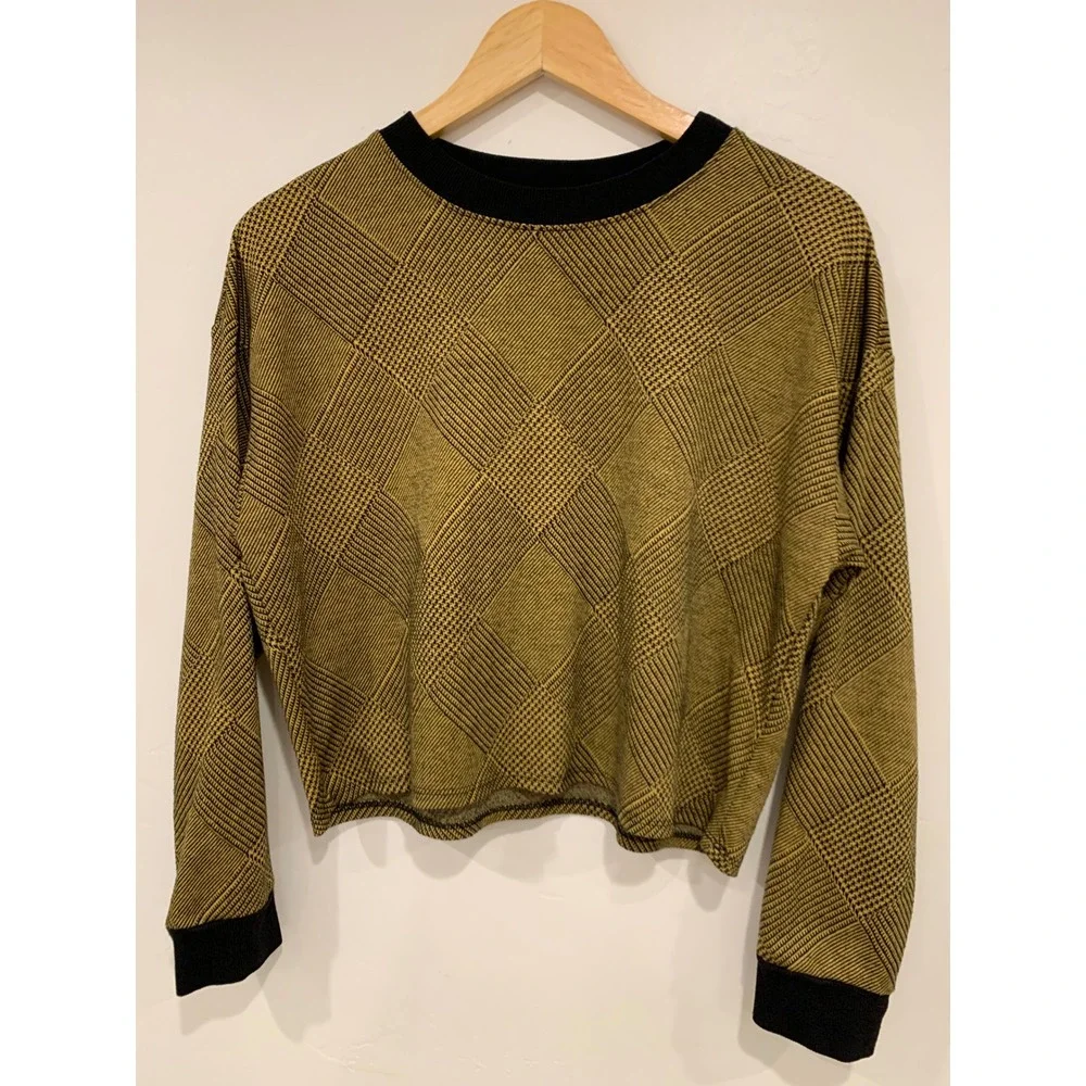 Vintage Style Houndstooth Argyle Crop Sweater Mustard Yellow Dark Academia Retro